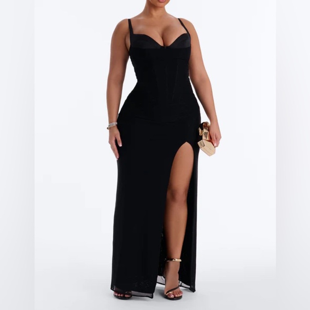 Fashion Nova Black Floor Length Maxi Mesh Corset Gown Reyna NWT XS